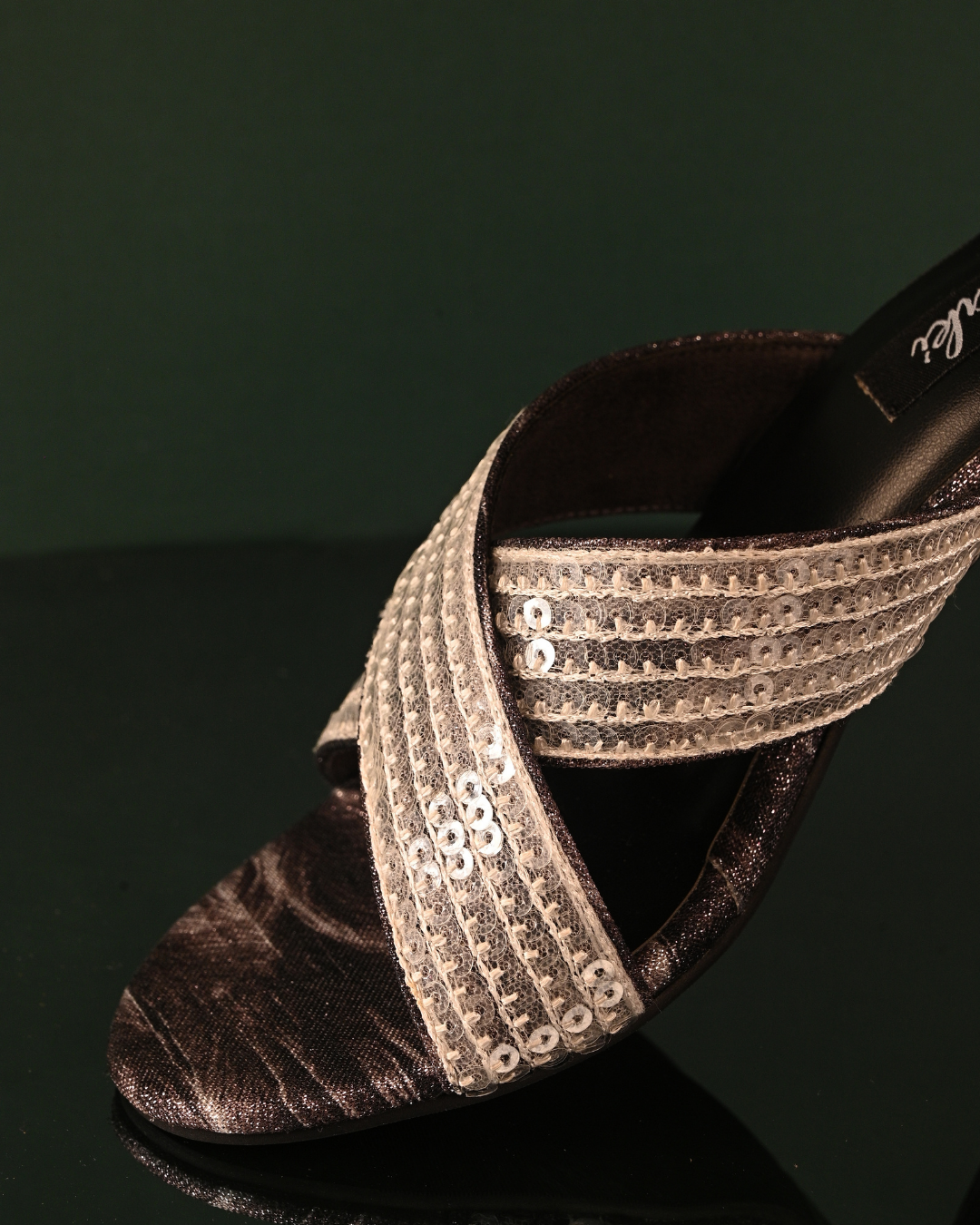 Black Block Heels With Criss Cross White Sequins Handwork