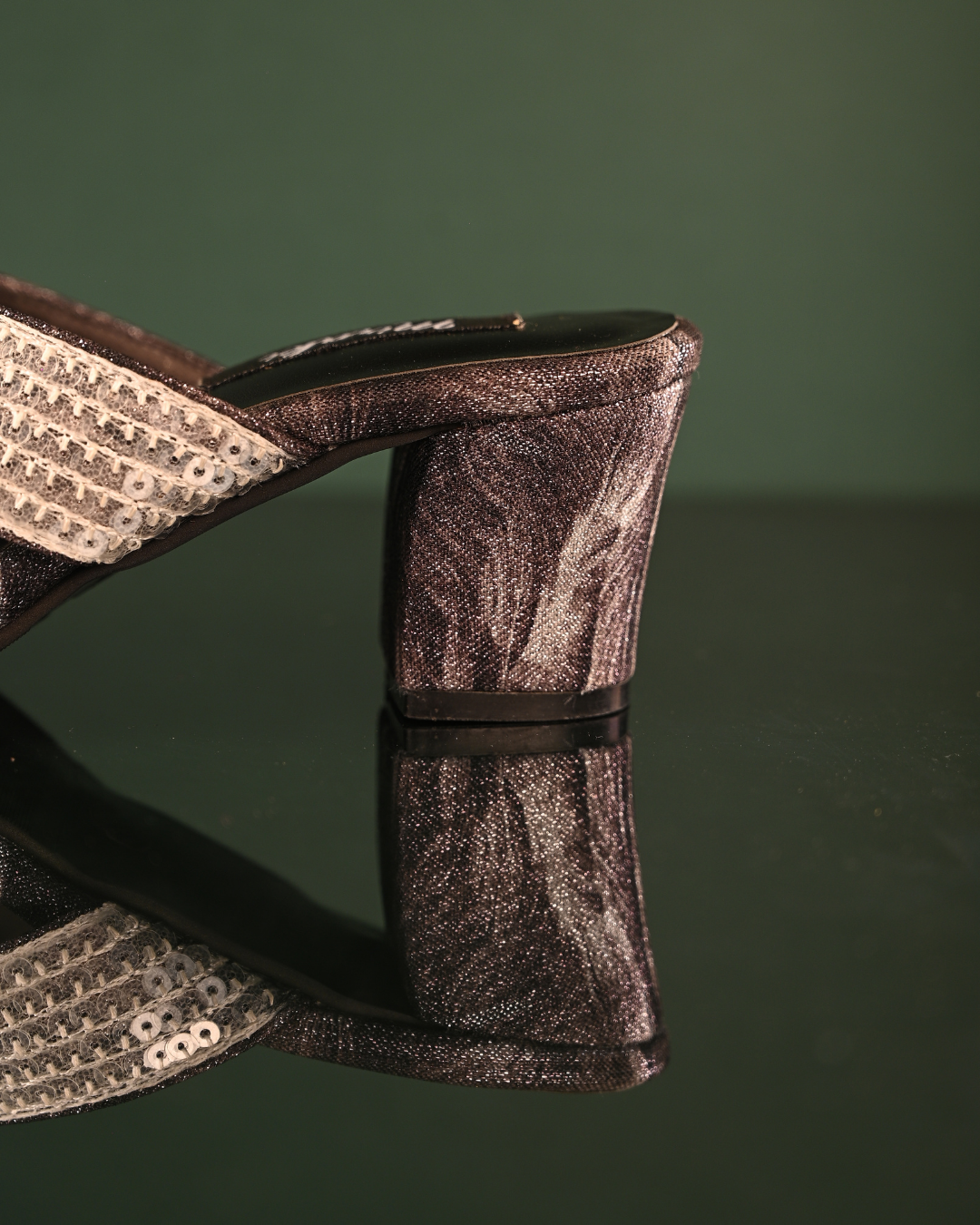 Black Block Heels With Criss Cross White Sequins Handwork