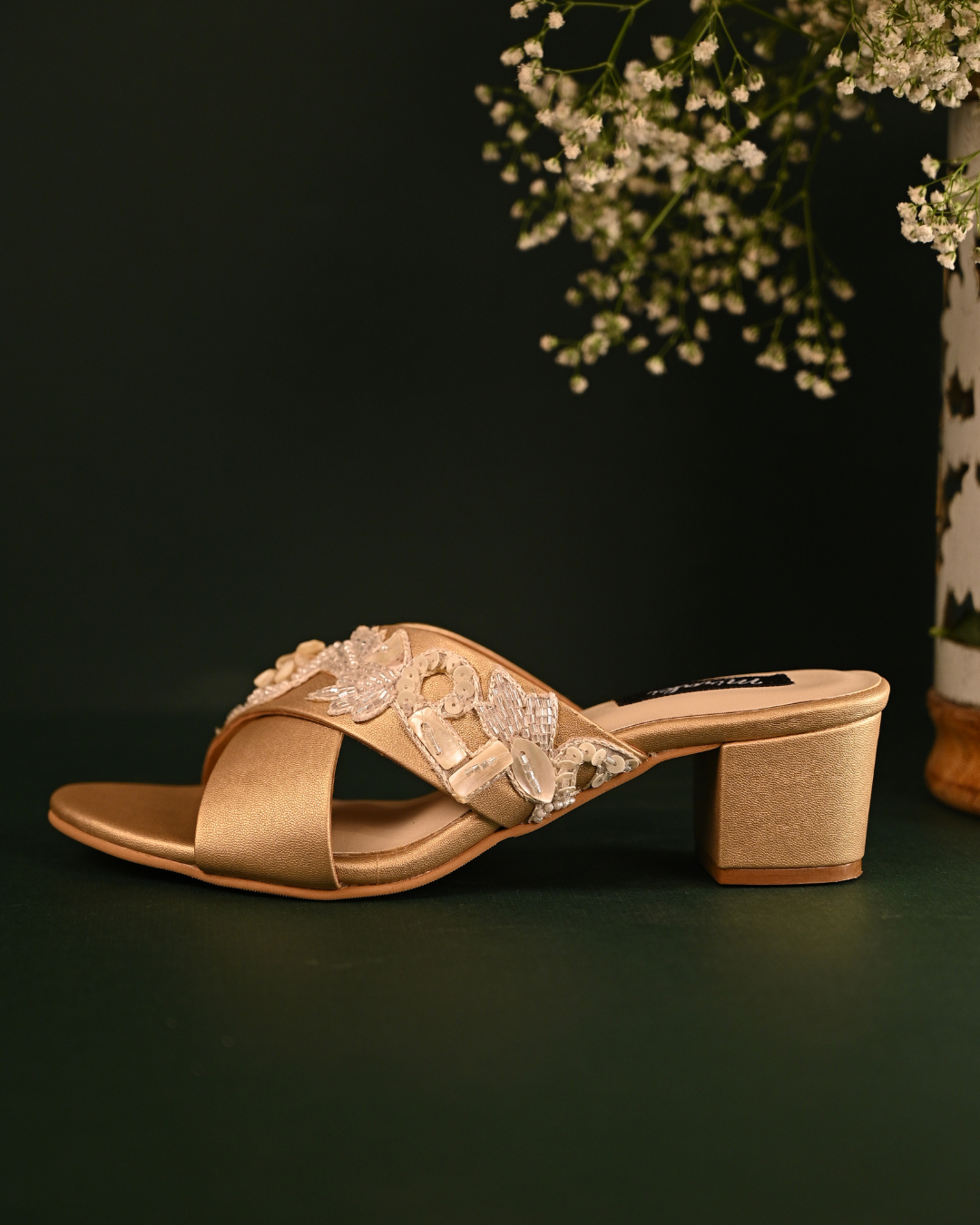 Gold Criss Cross Strap Block Heels With Shell And Pearl Work