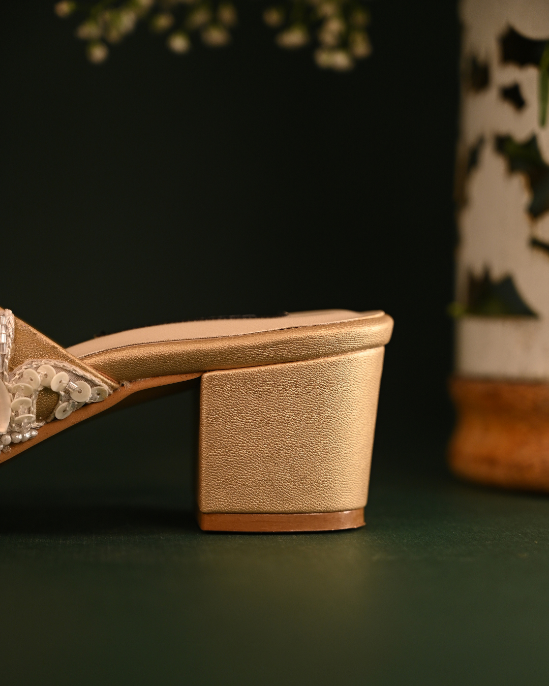 Gold Criss Cross Strap Block Heels With Shell And Pearl Work