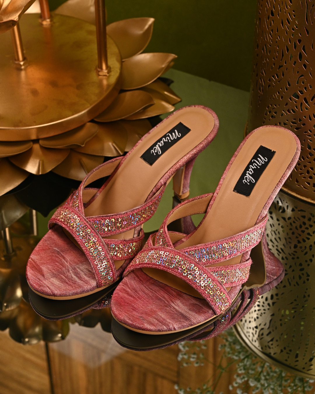 Pink Slip On Heels With Sequins And Thread Work