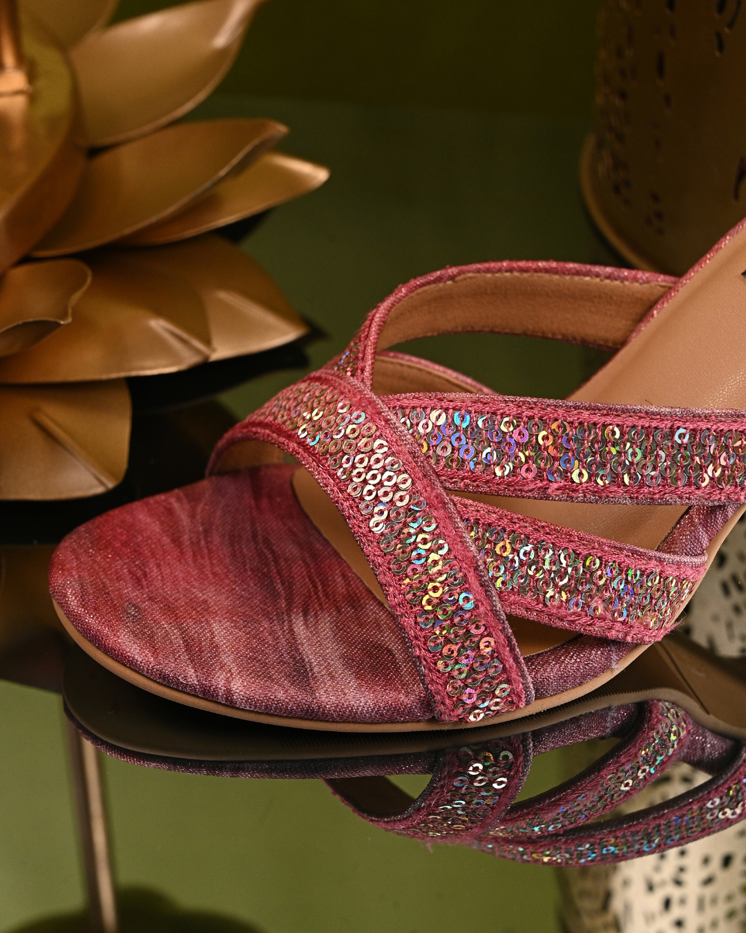 Pink Slip On Heels With Sequins And Thread Work