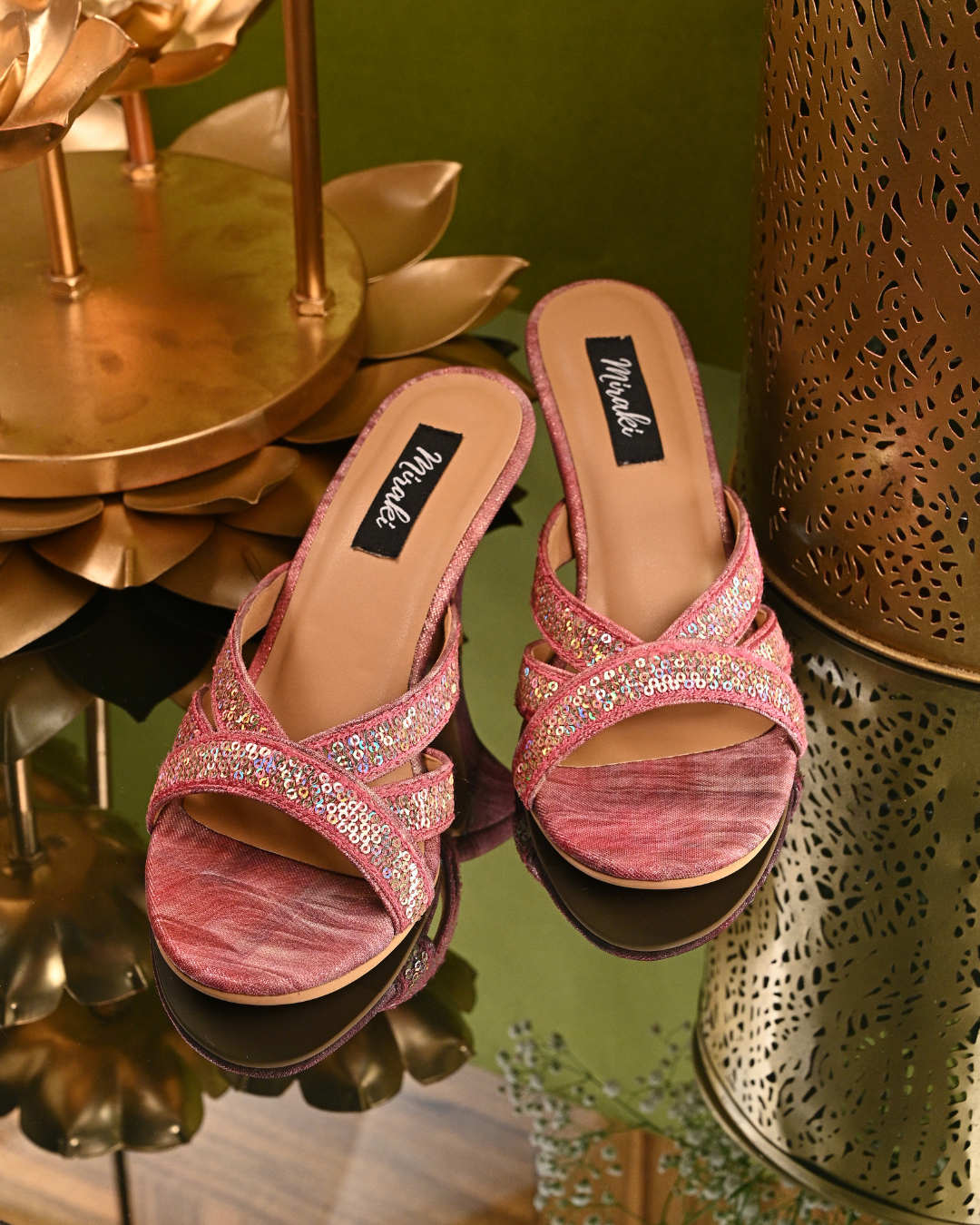 Pink Slip On Heels With Sequins And Thread Work
