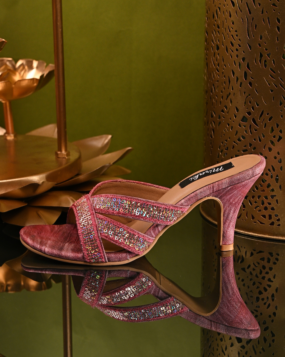Pink Slip On Heels With Sequins And Thread Work