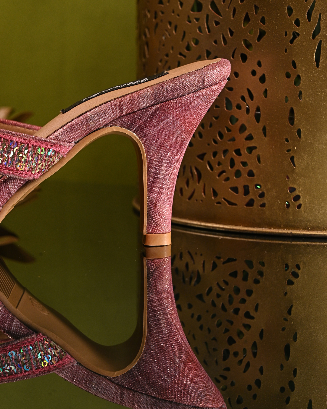 Pink Slip On Heels With Sequins And Thread Work