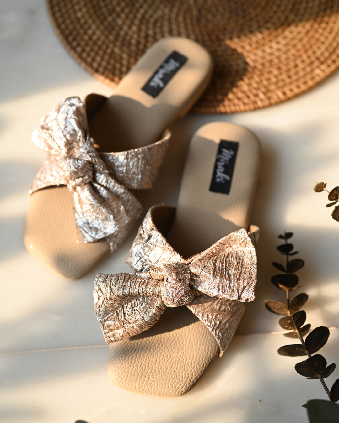 Gold & Champagne Bow Slide In Flats
