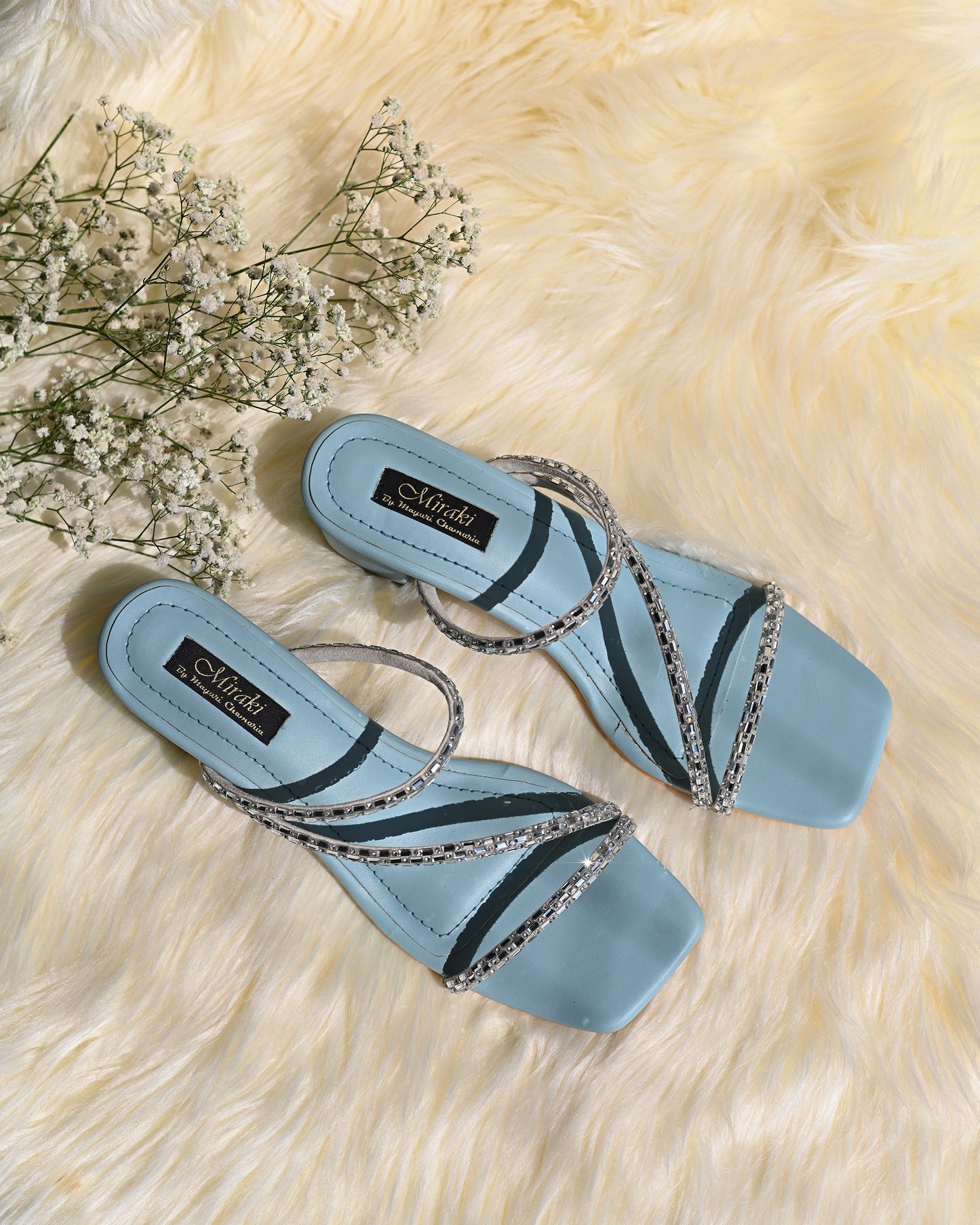 Strappy Rhinestone Slip Ons With Powder Blue Box Heels