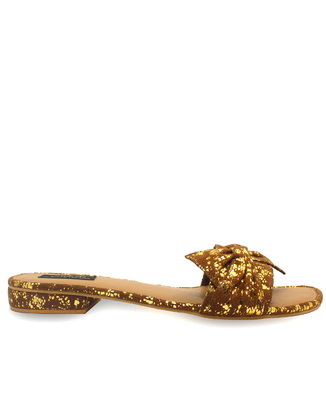 Brown And Gold Suede Bow Flat