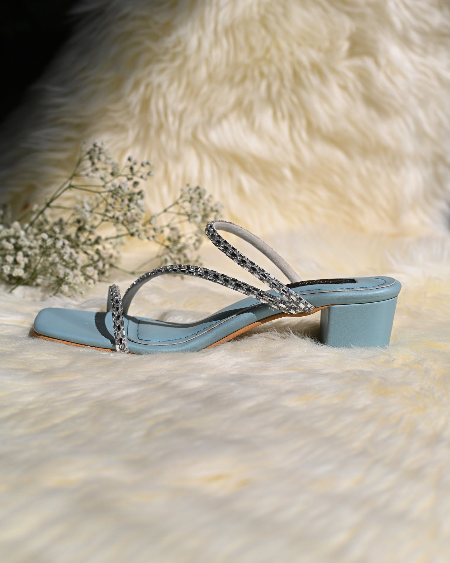 Strappy Rhinestone Slip Ons With Powder Blue Box Heels