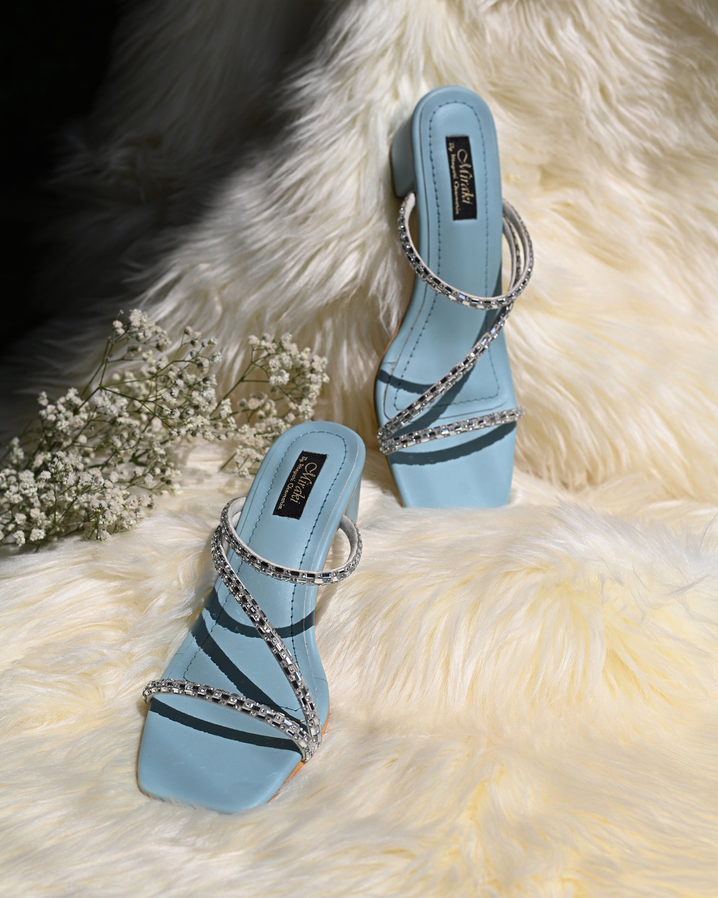 Strappy Rhinestone Slip Ons With Powder Blue Box Heels