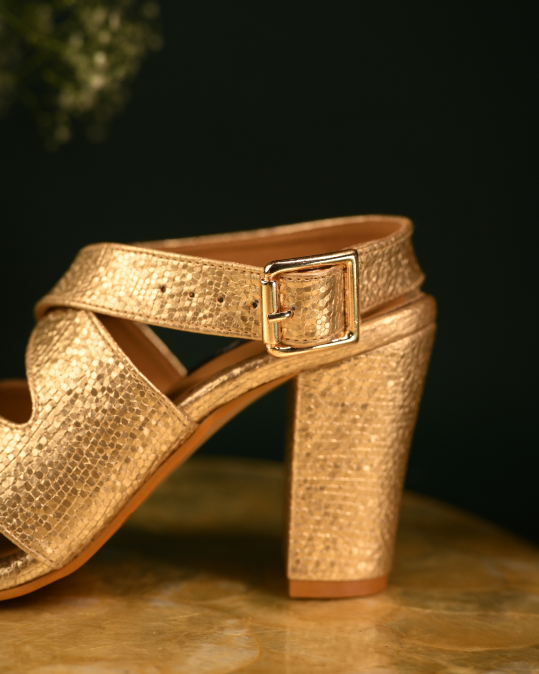Gold Cross Strap Block Heels With Ankle Strap