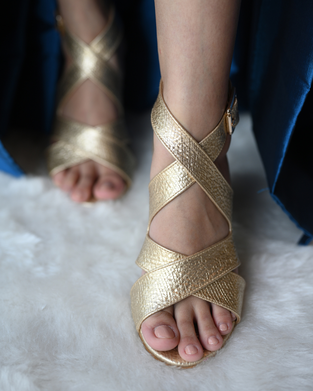 Gold Cross Strap Block Heels With Ankle Strap