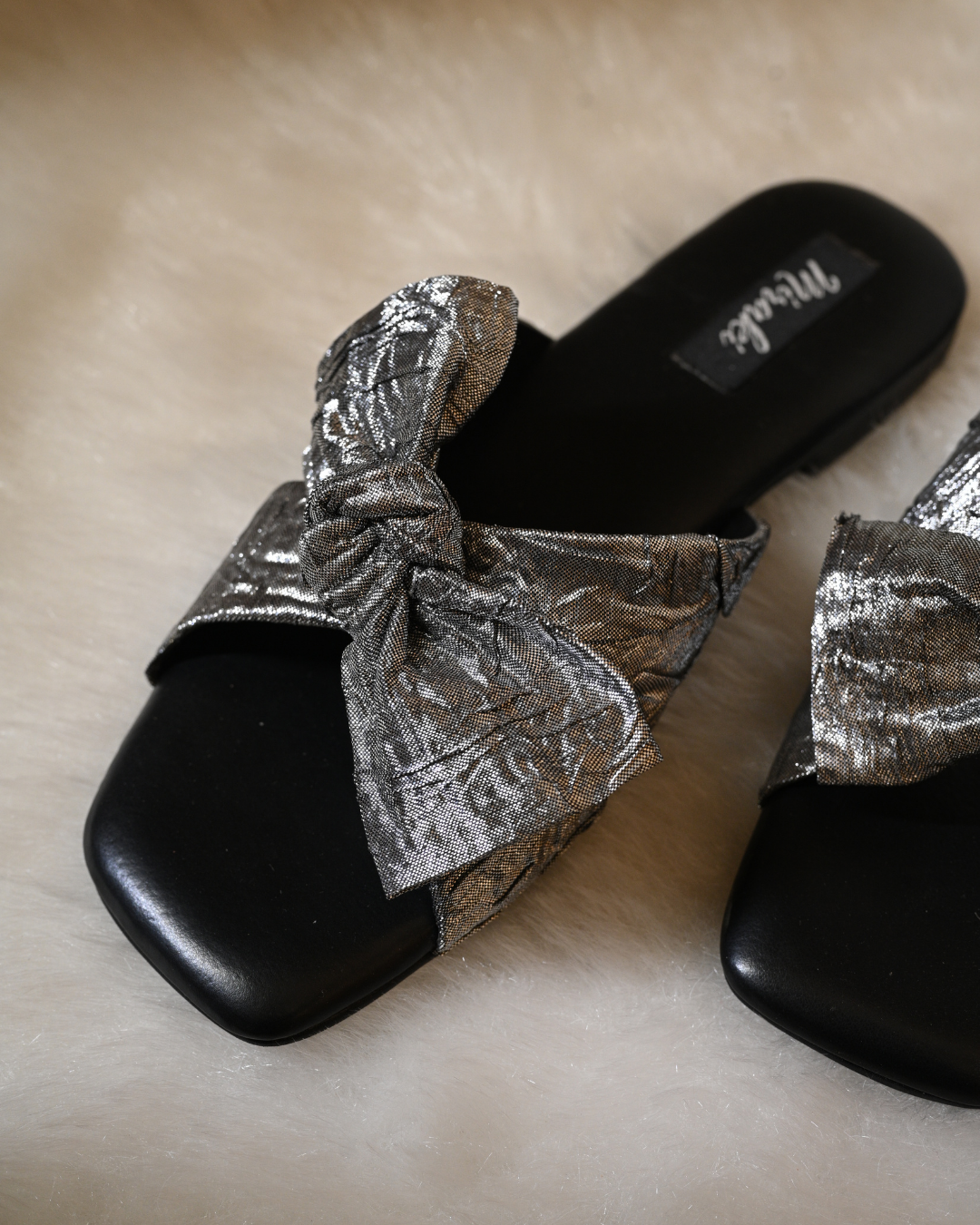 Gunmetal & Silver Bow Slide In Flats