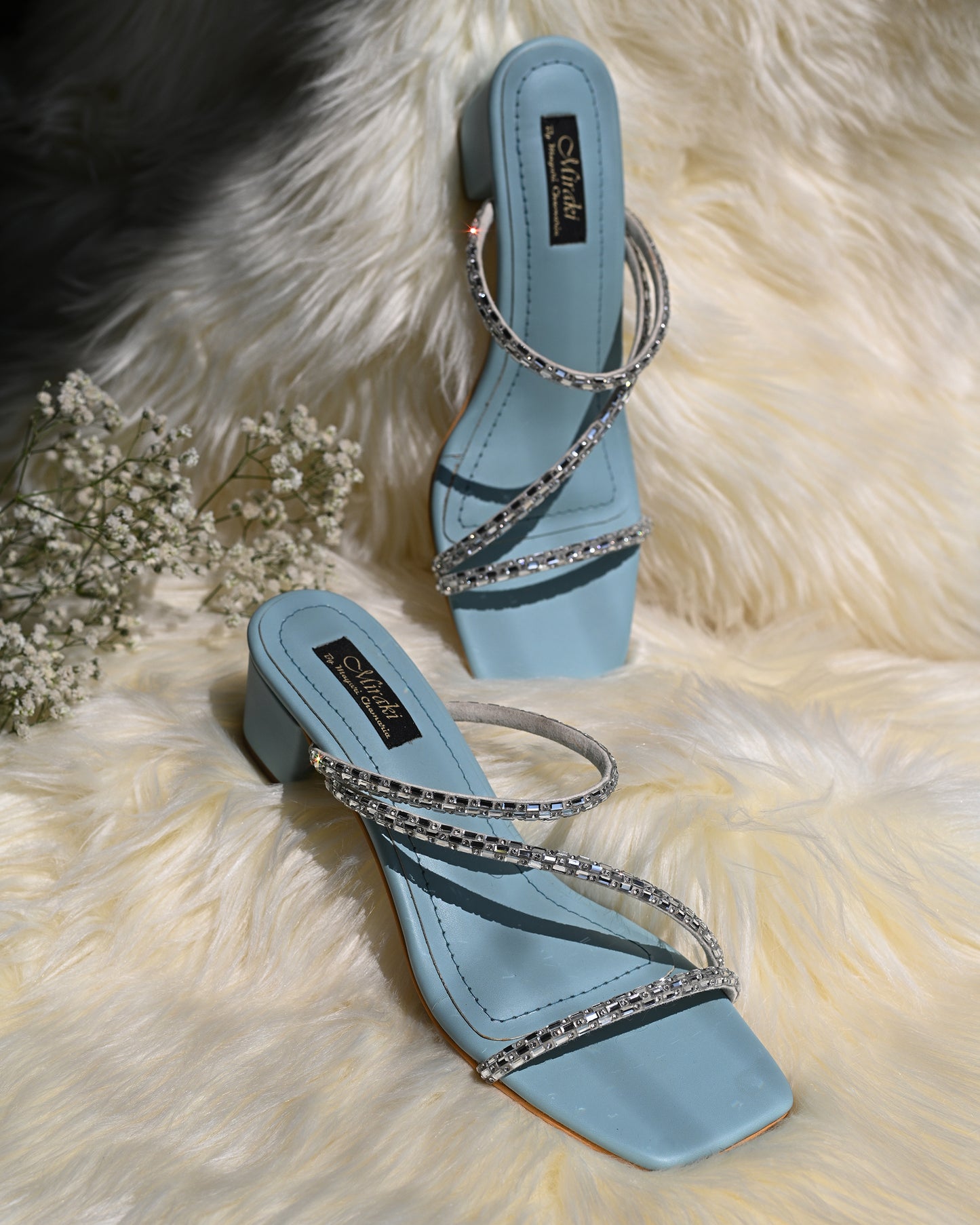 Strappy Rhinestone Slip Ons With Powder Blue Box Heels