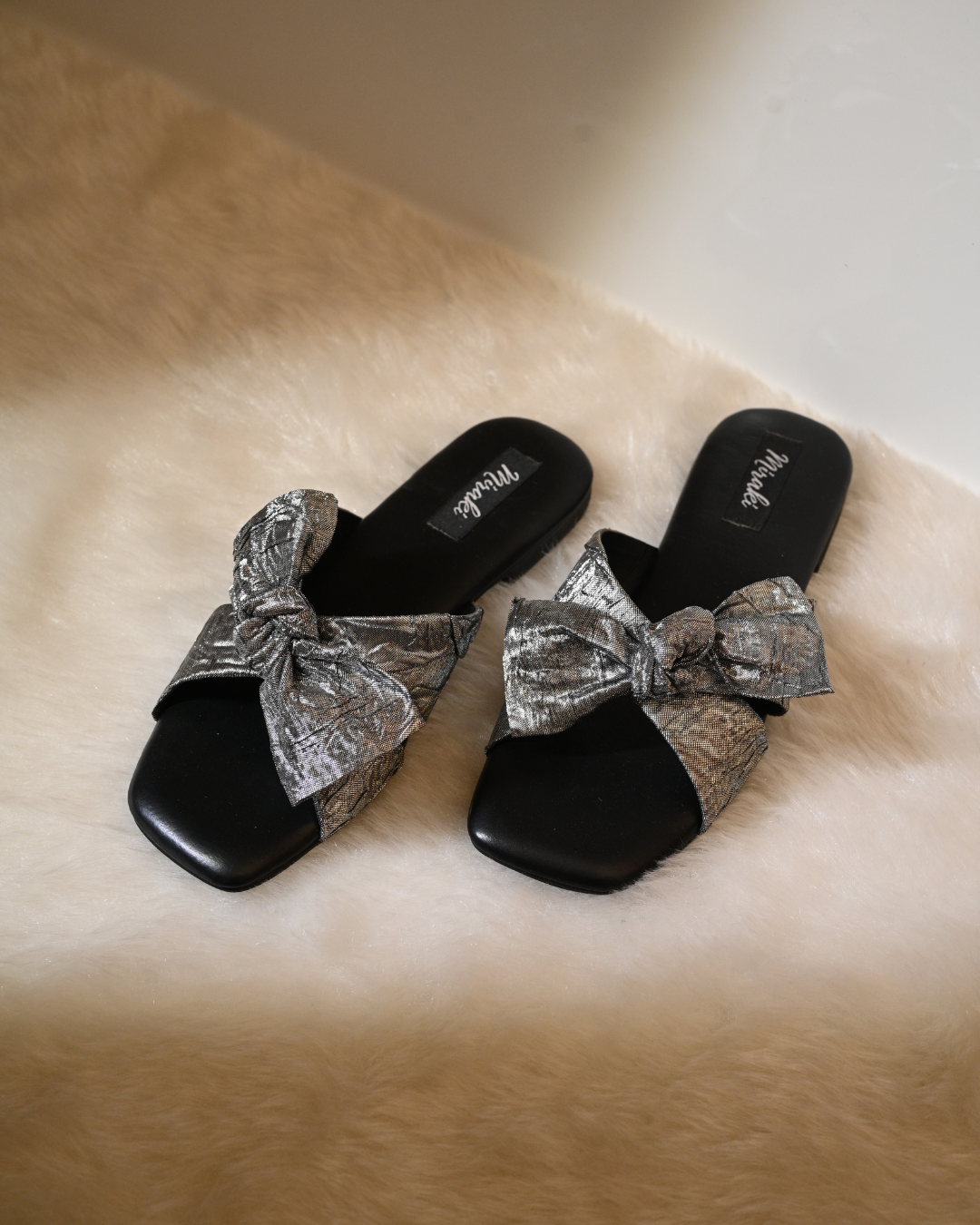Gunmetal & Silver Bow Slide In Flats