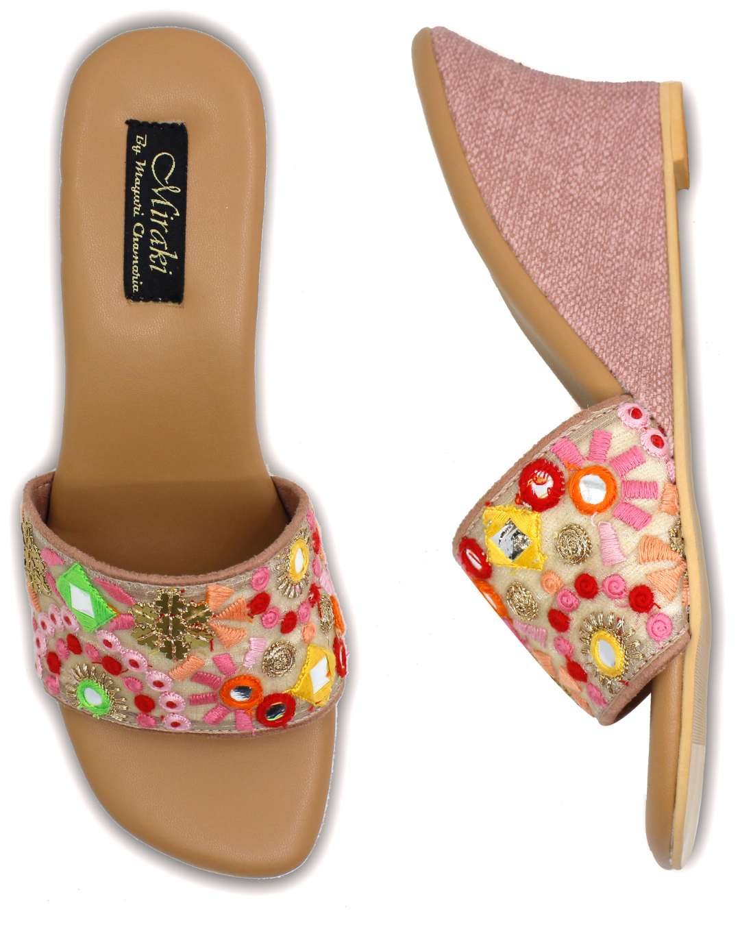 Colourful Threadwork Slip On Wedges