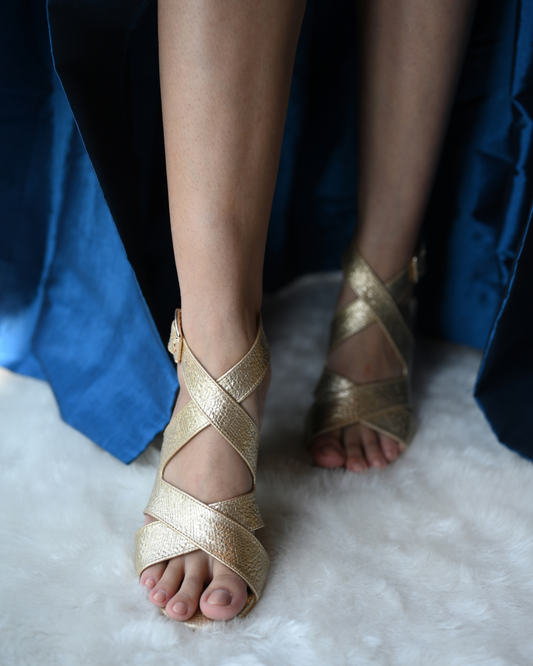 Gold Cross Strap Block Heels With Ankle Strap