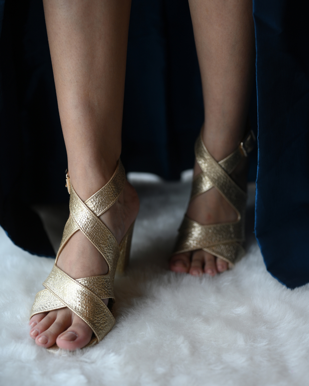 Gold Cross Strap Block Heels With Ankle Strap