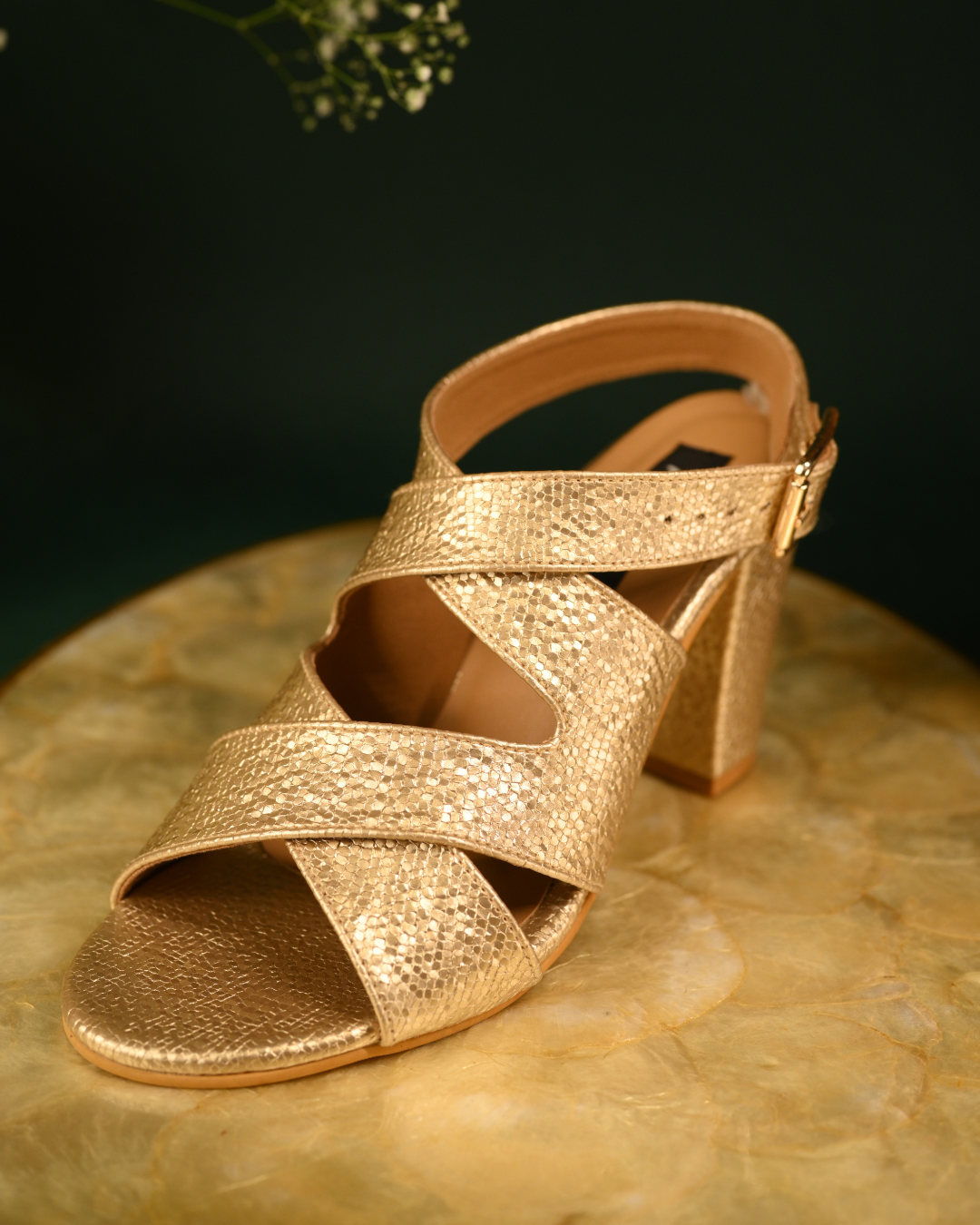 Gold Cross Strap Block Heels With Ankle Strap