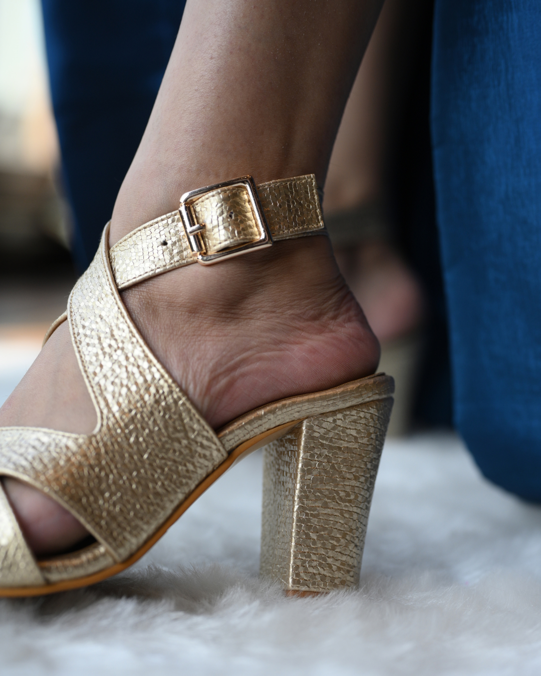 Gold Cross Strap Block Heels With Ankle Strap