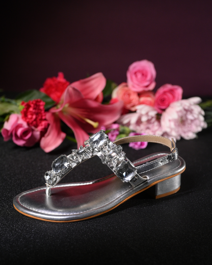 Stone Embellished Silver Heels with Ankle Support Straps