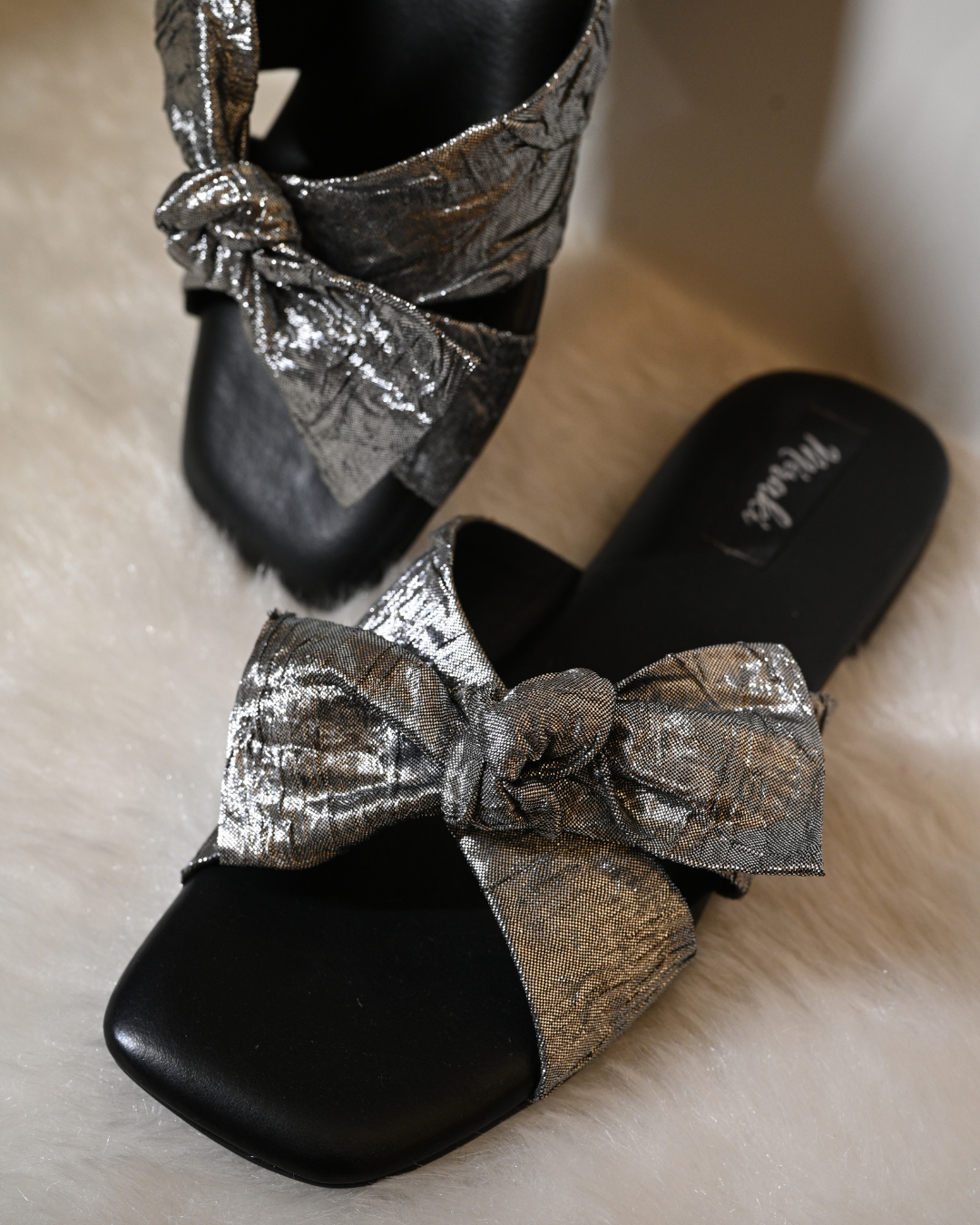 Gunmetal & Silver Bow Slide In Flats