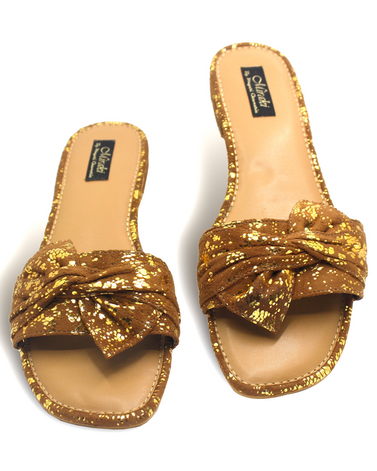 Brown And Gold Suede Bow Flat