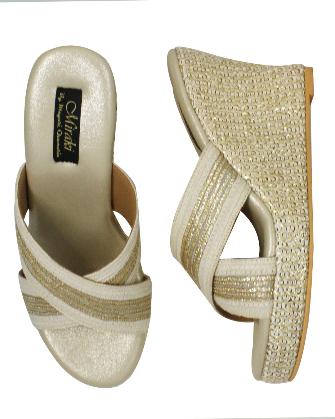 Off-White and Gold Gota Work Wedges