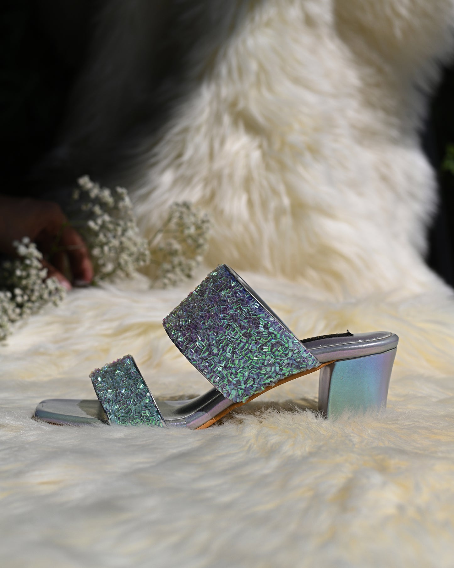 Iridescent Slip On Block Heels