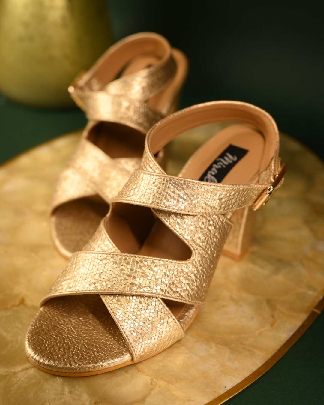 Gold Cross Strap Block Heels With Ankle Strap