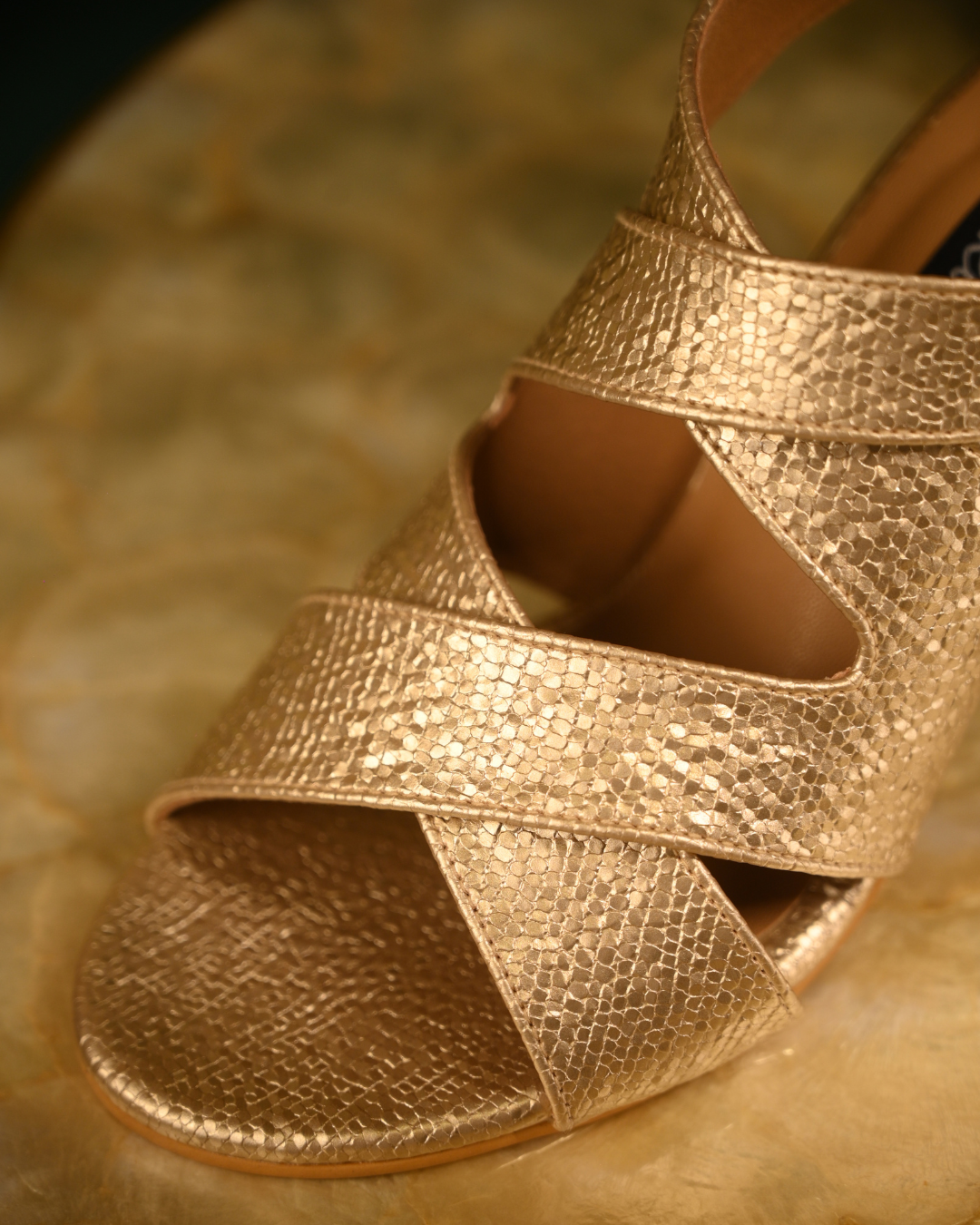 Gold Cross Strap Block Heels With Ankle Strap