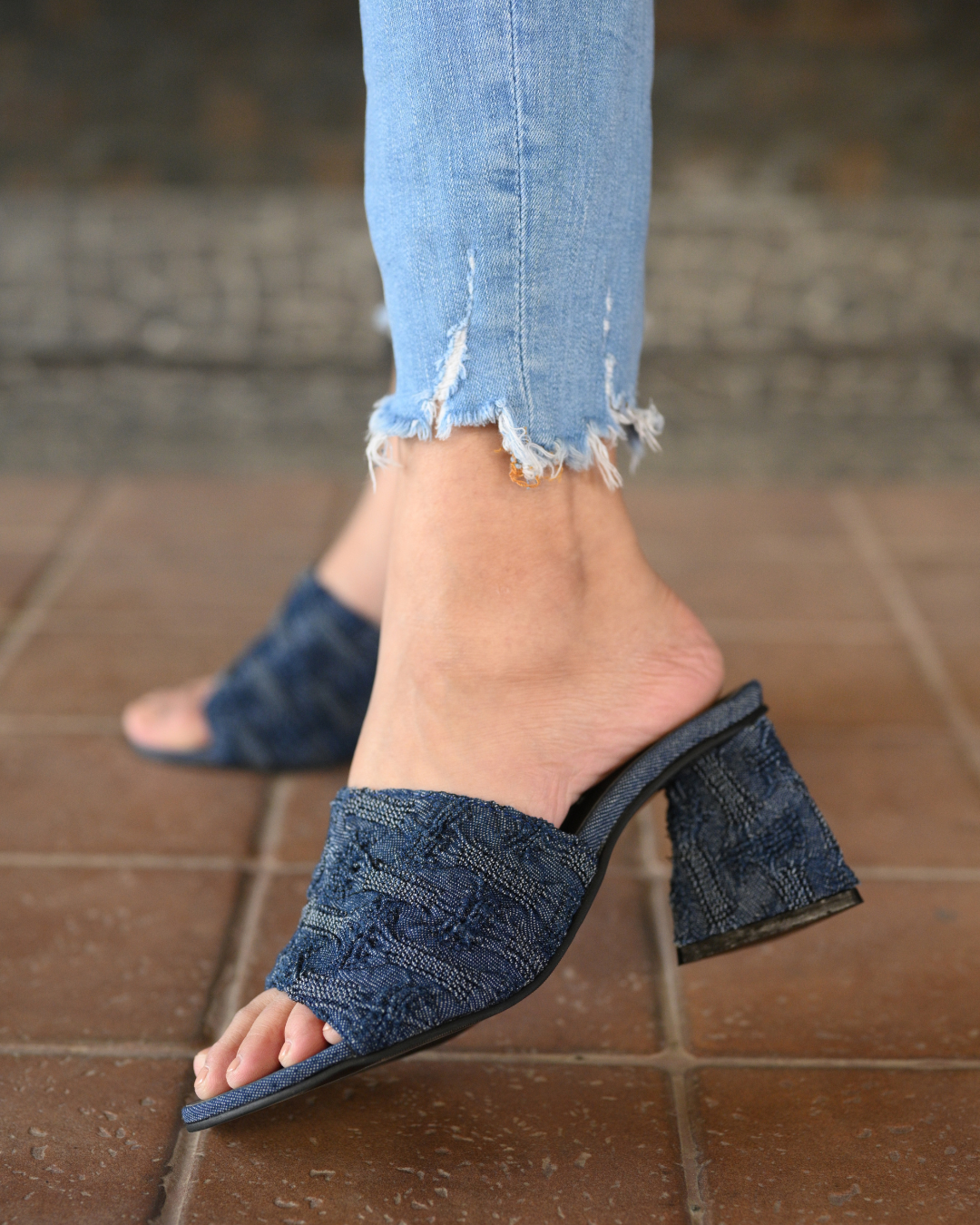 Denim Slip On With Triangle Block Heels