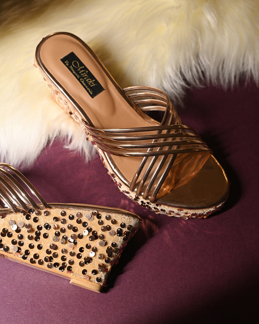Cross Strap Metallic Sequins Wedges