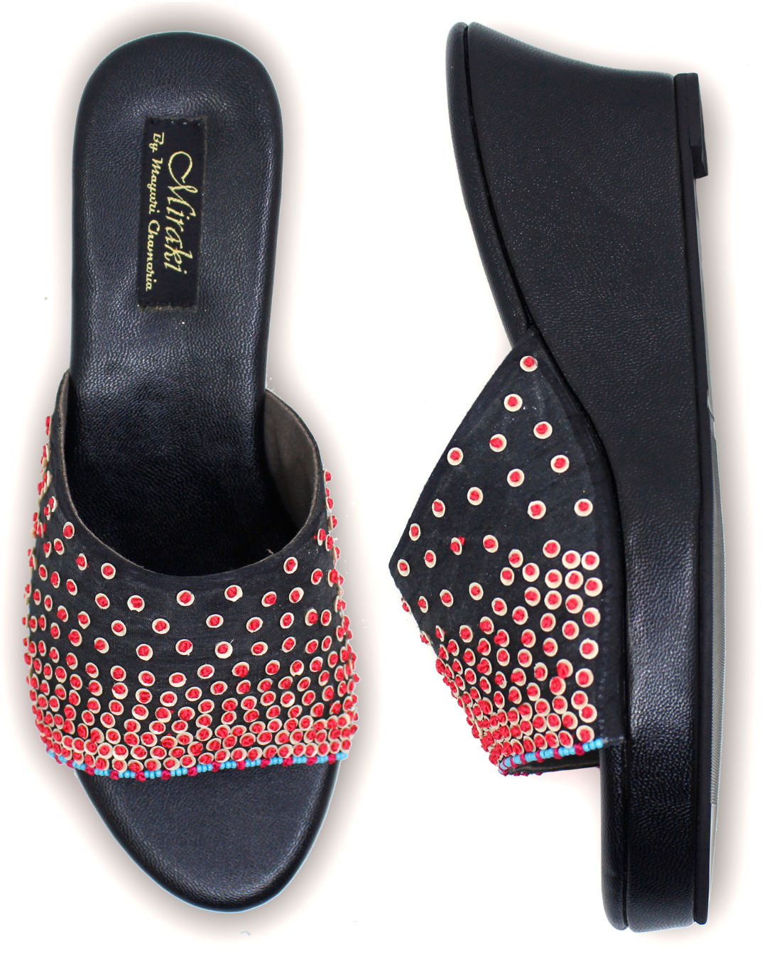 Black Silk Wedges With Knots & Sequins Handwork