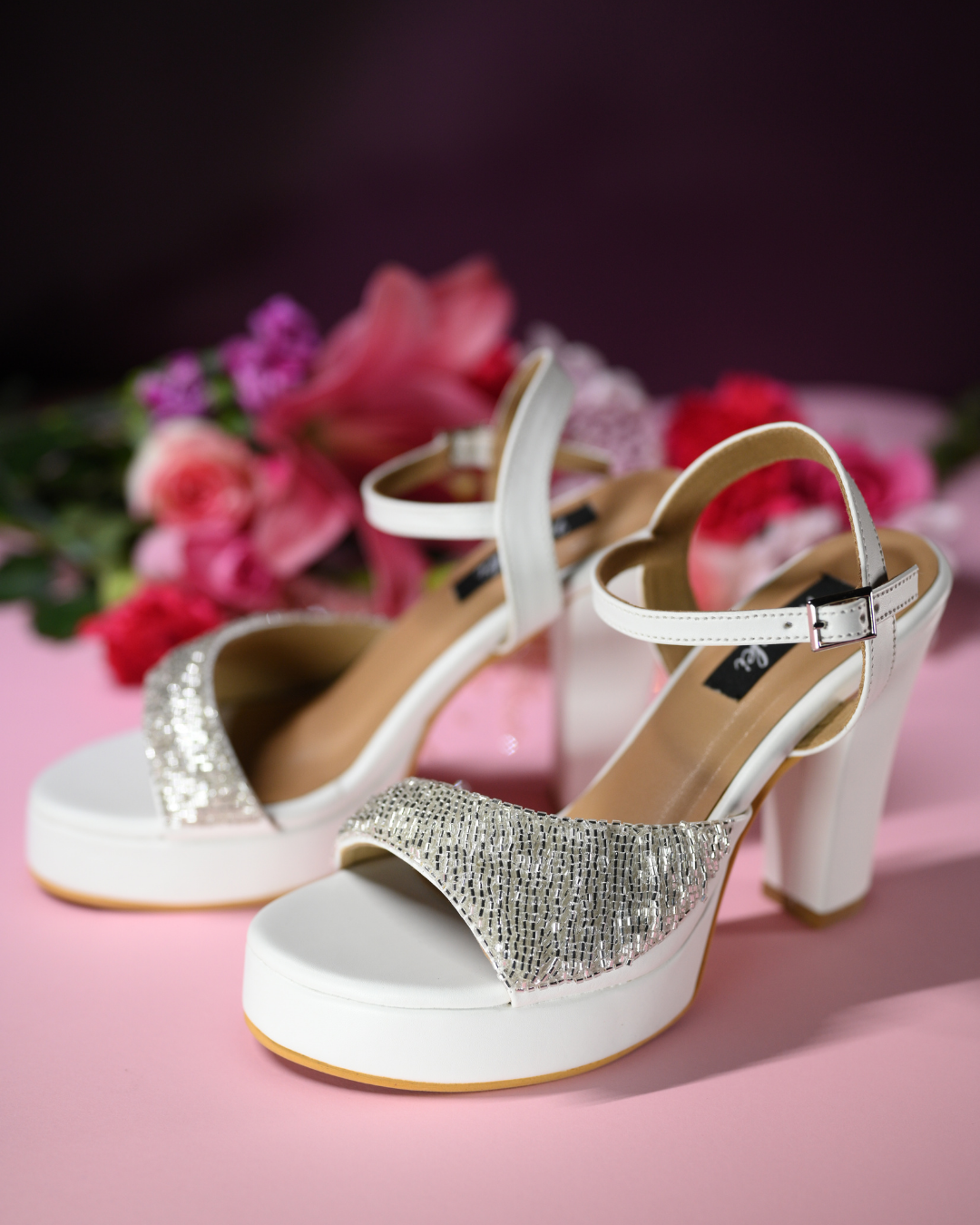 White Platform Block Heels with Silver Beadwork