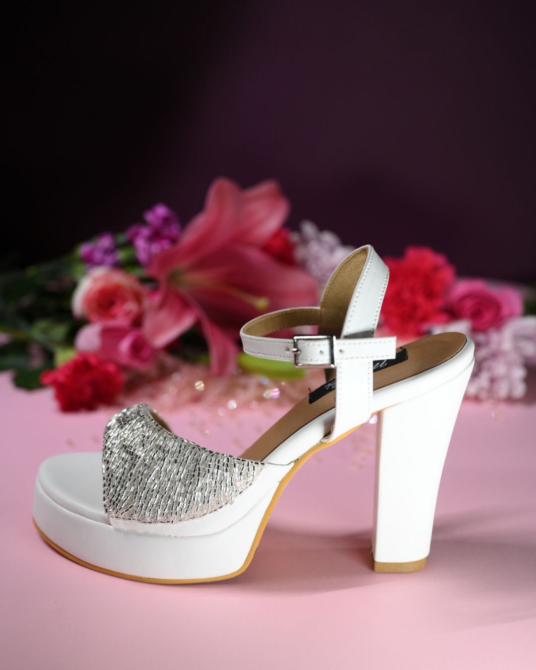 White Platform Block Heels with Silver Beadwork