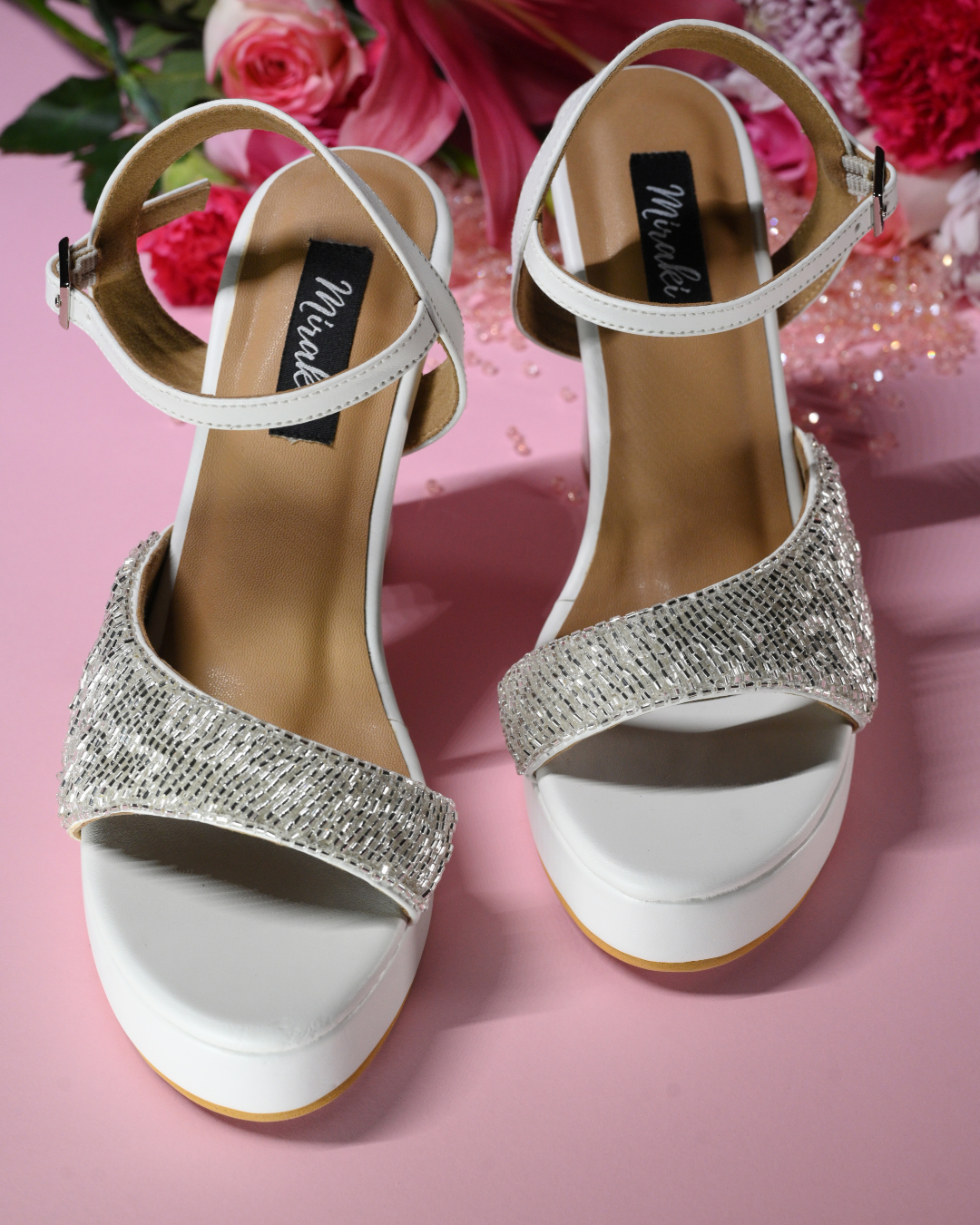 White Platform Block Heels with Silver Beadwork