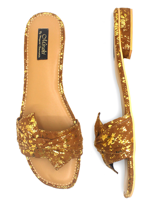 Brown And Gold Suede Bow Flat