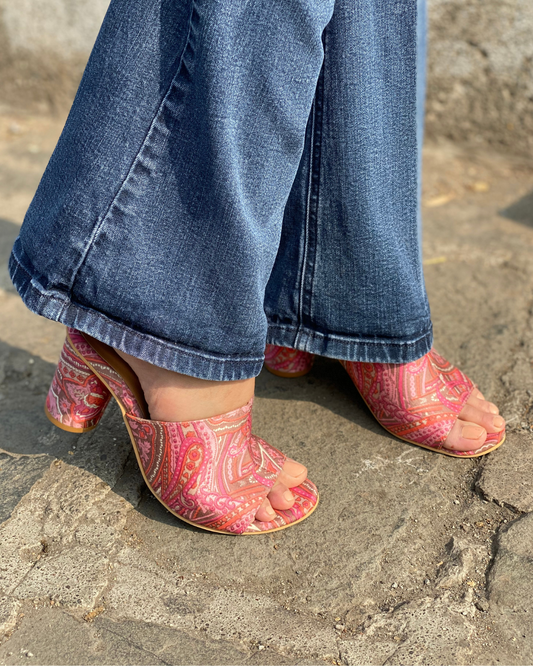 Pink Paisley Printed Slip Ons With Rounded Heels
