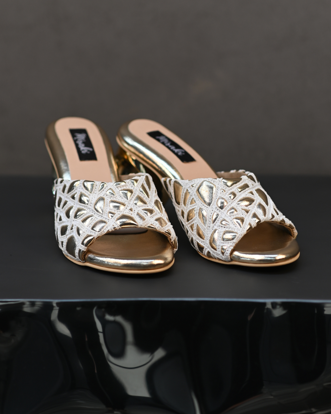 Webbed Gold Sandals With Unique Round Heels