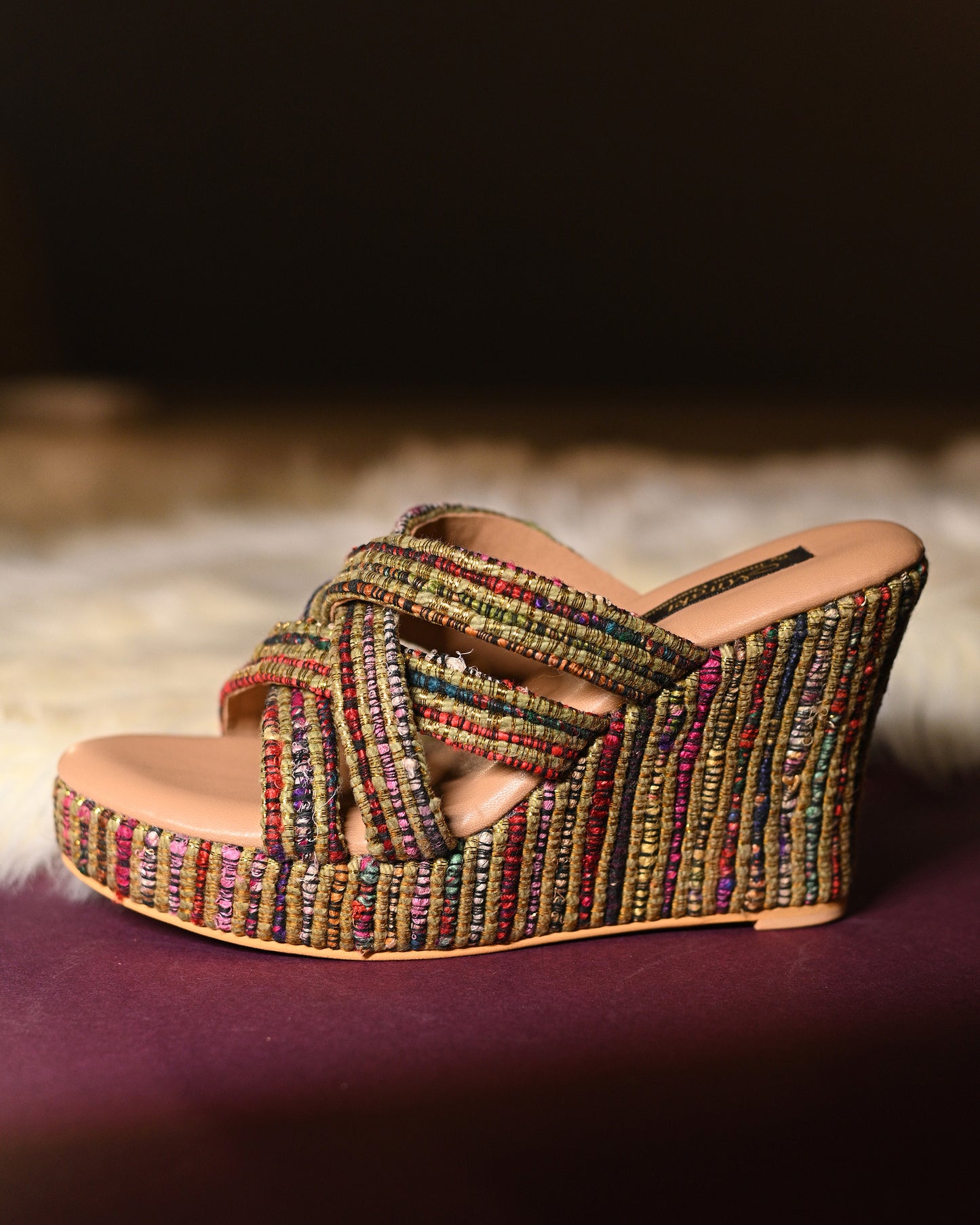 Gold And Jute Multi-Coloured Criss Cross Strap Wedges