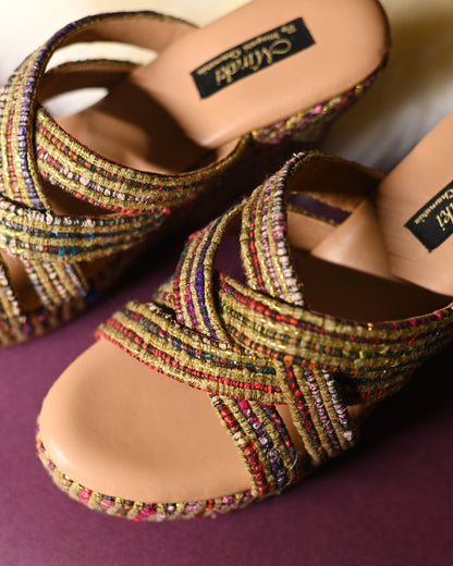 Gold And Jute Multi-Coloured Criss Cross Strap Wedges