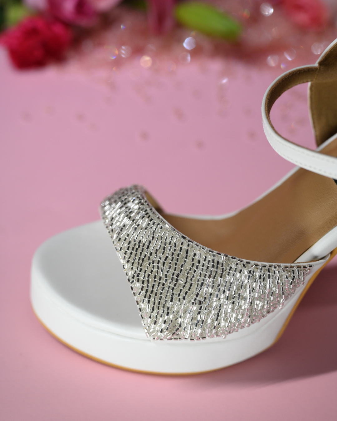 White Platform Block Heels with Silver Beadwork