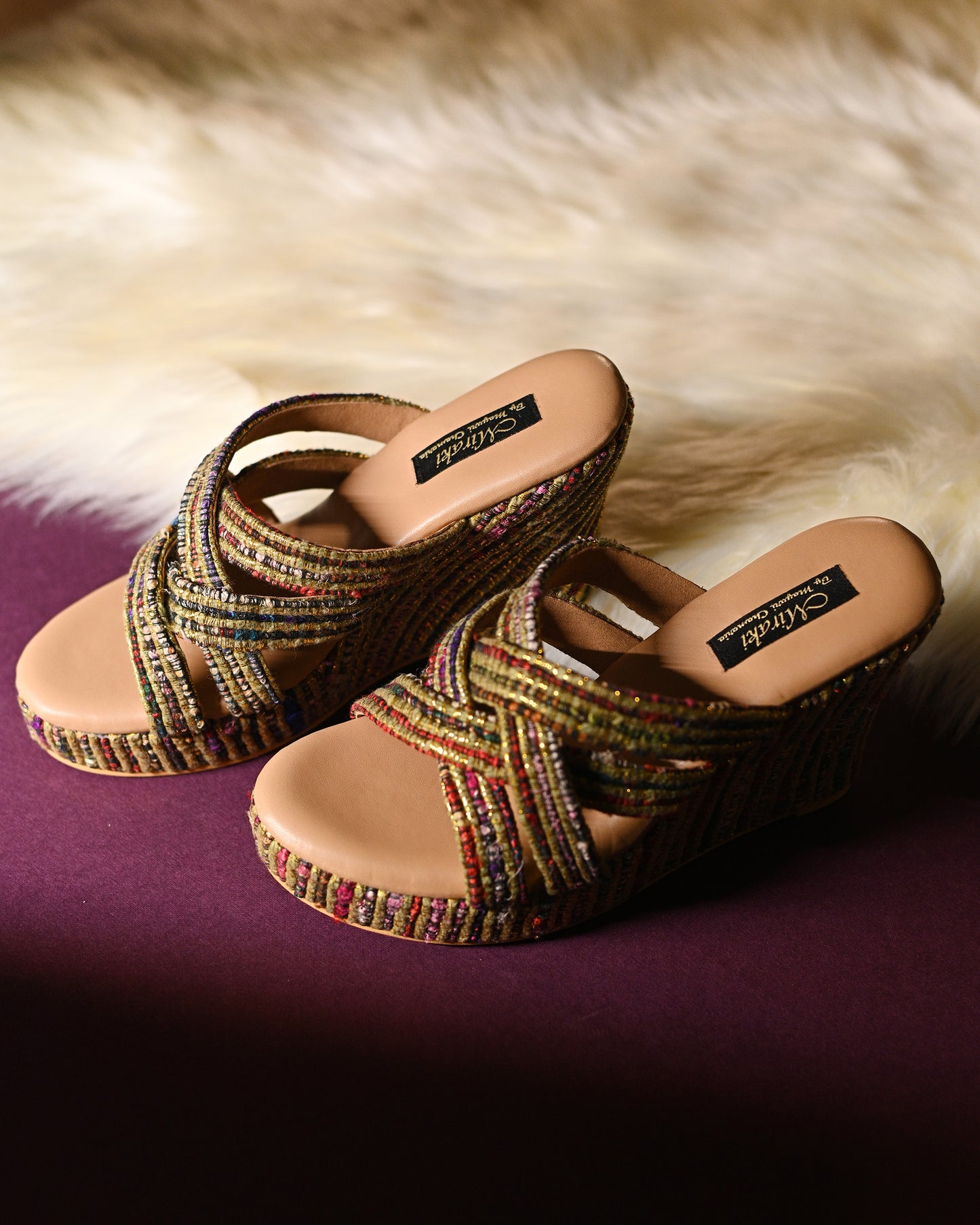 Gold And Jute Multi-Coloured Criss Cross Strap Wedges