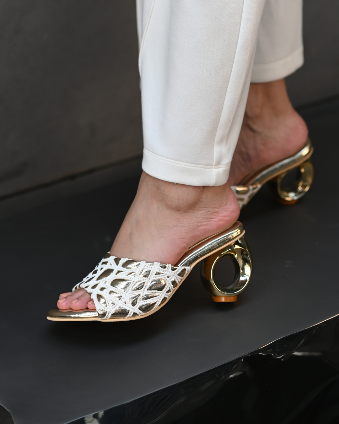 Webbed Gold Sandals With Unique Round Heels