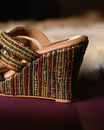 Gold And Jute Multi-Coloured Criss Cross Strap Wedges