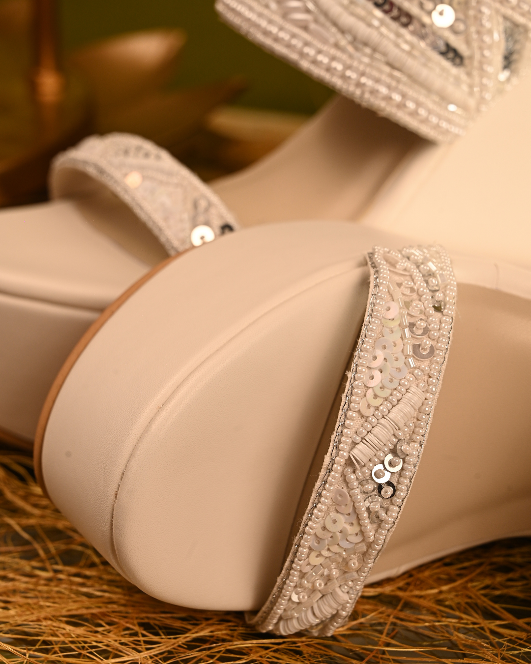 White Dual Strap Handwork Wedges