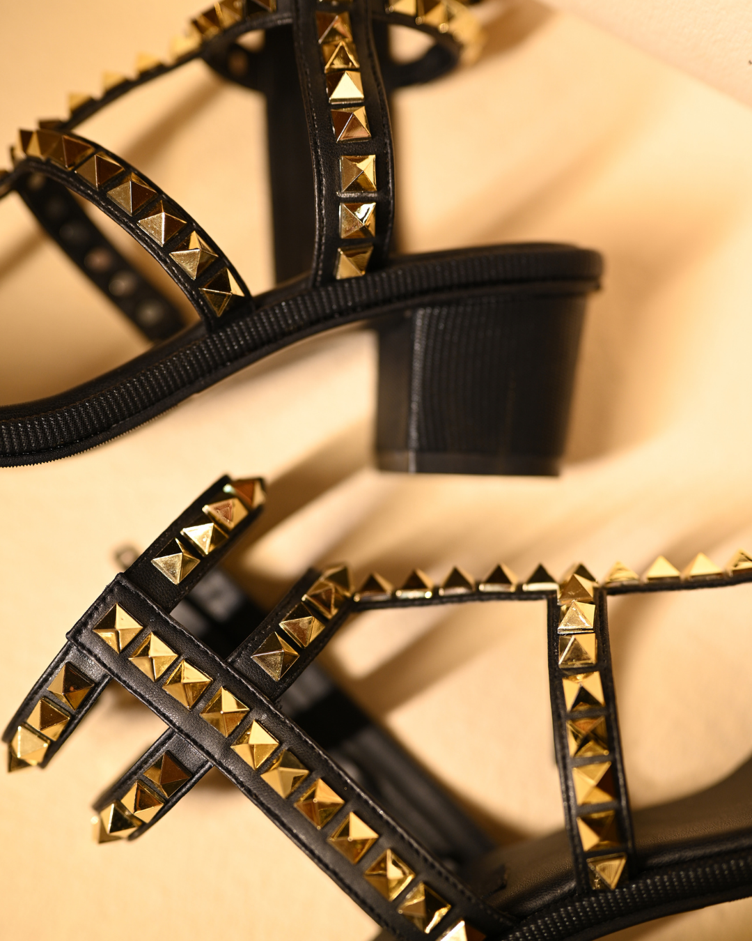 Gold Studded Black Heels With Ankle Straps