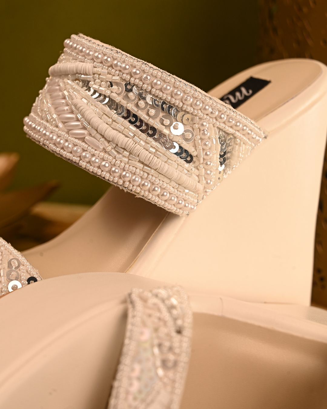 White Dual Strap Handwork Wedges