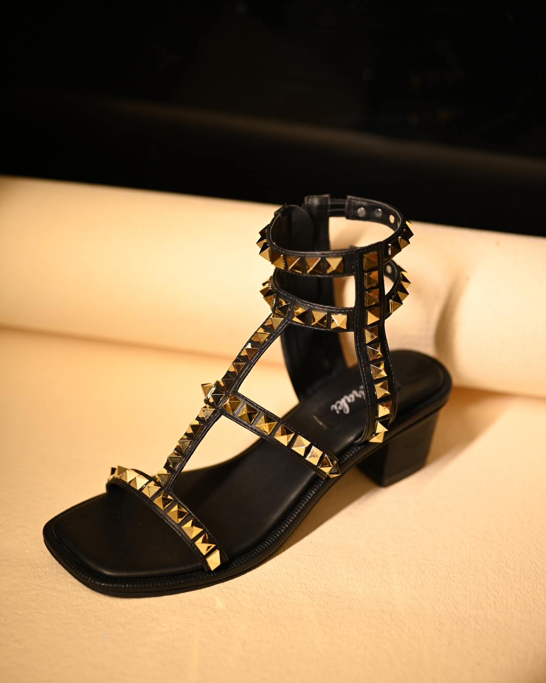 Gold Studded Black Heels With Ankle Straps